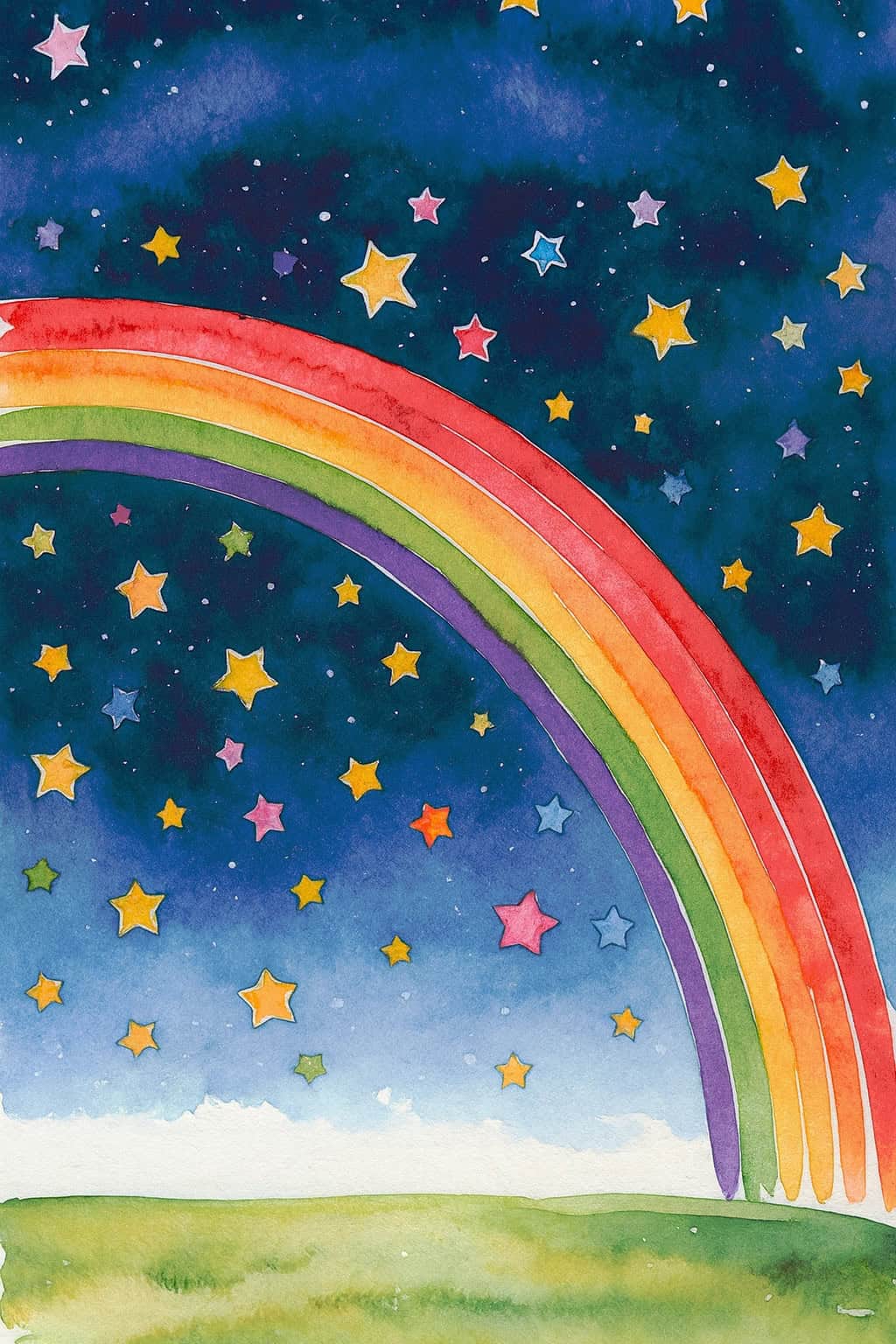 Watercolor illustration of a rainbow arching over a green field under a night sky filled with colorful stars.