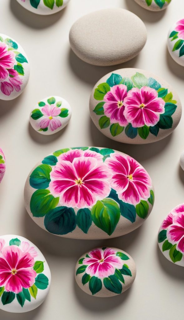 Smooth stones painted with vivid pink flowers and green leaves are scattered on a white surface.