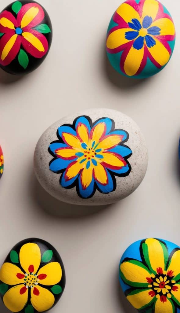 Colorful stones with painted floral designs arranged on a light background.