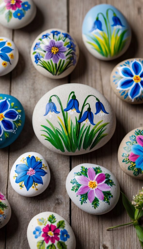 Smooth stones painted with colorful floral designs, including bluebells and various flowers, arranged on a wooden surface.