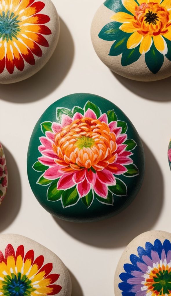 Colorful stones are arranged on a surface, each painted with vibrant floral designs, featuring red, yellow, pink, and green hues.