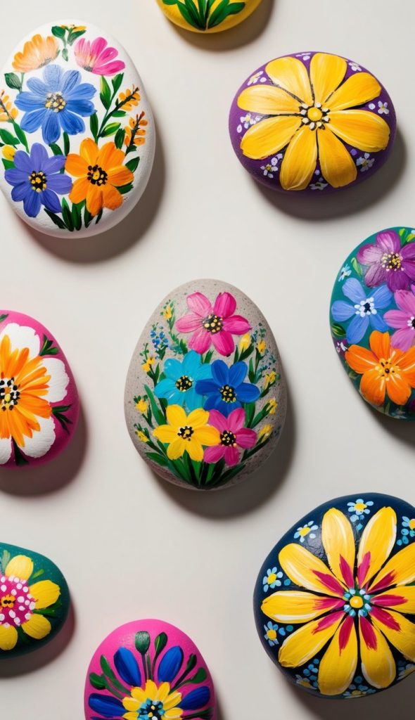 Colorful stones painted with various floral designs on a light surface.