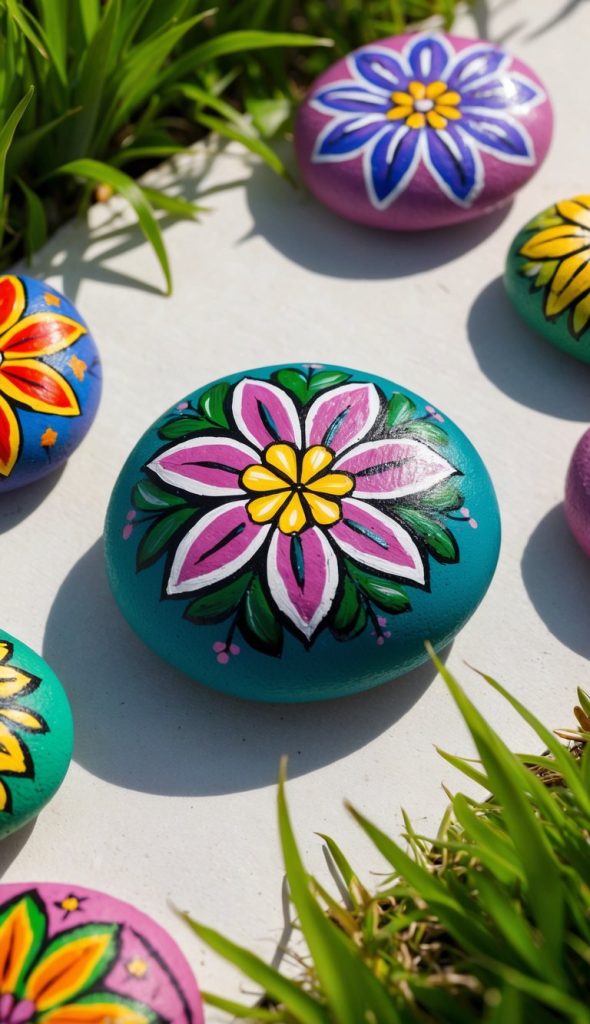 Colorful stones painted with floral designs are arranged on a white surface, surrounded by green grass.