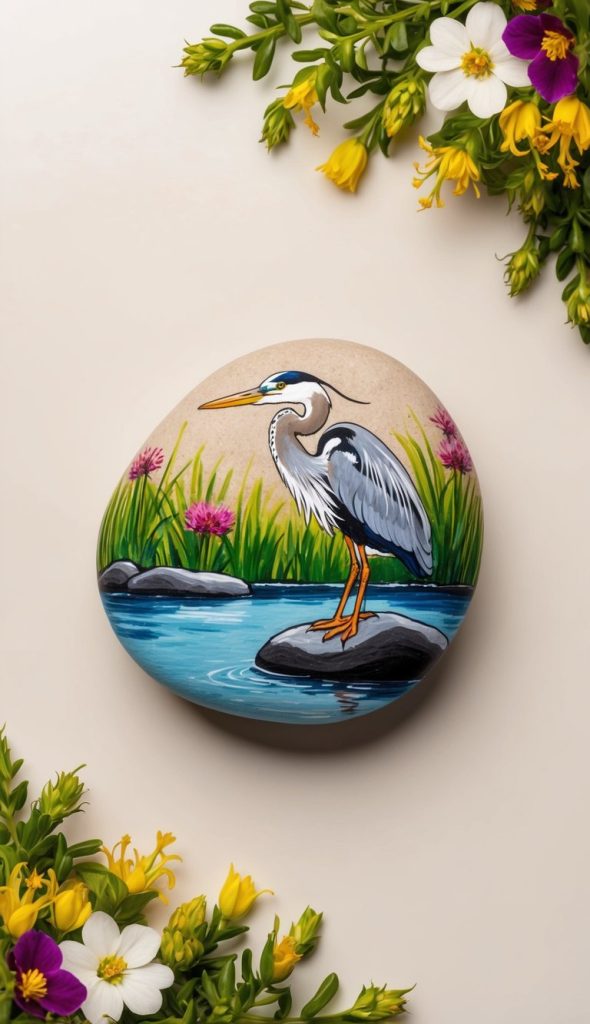 A painted rock depicts a heron standing on a rock in water, surrounded by grass and flowers. The rock is bordered by yellow and white flowers on a plain background.