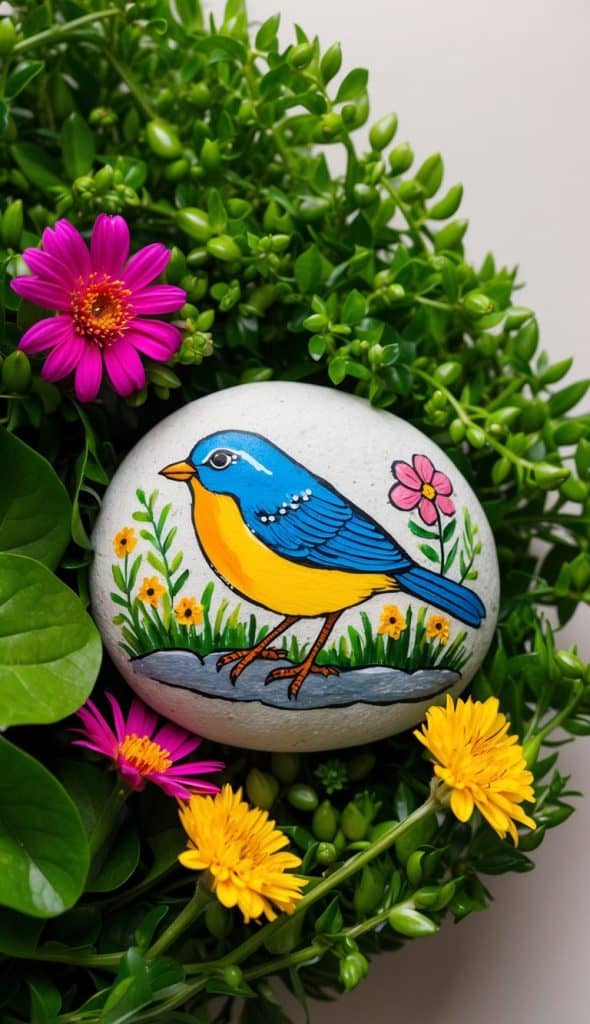 Painted stone with a blue and yellow bird, surrounded by green leaves and pink and yellow flowers.
