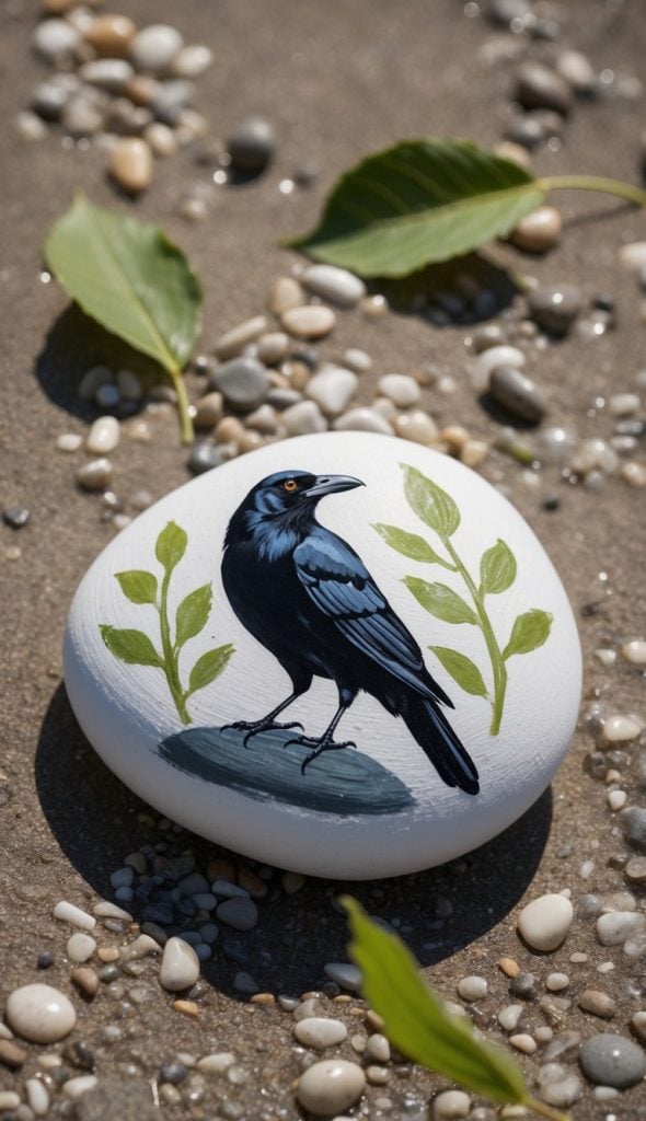 A painted rock with a crow and leaves design rests on a sandy surface surrounded by small pebbles and green leaves.