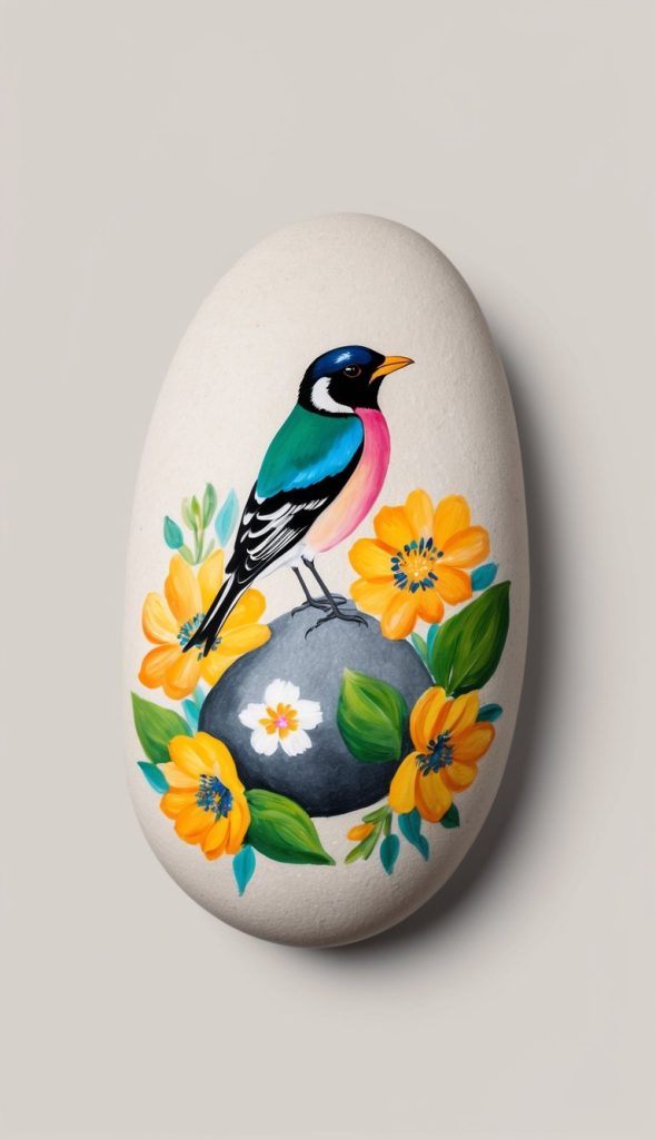 A painted egg-shaped object features a colorful bird perched on a rock, surrounded by vibrant orange and yellow flowers.