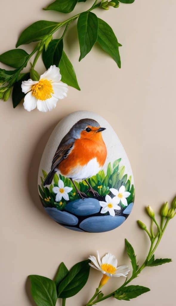 Painted rock with a detailed robin and flowers, surrounded by real green leaves and white flowers on a beige background.