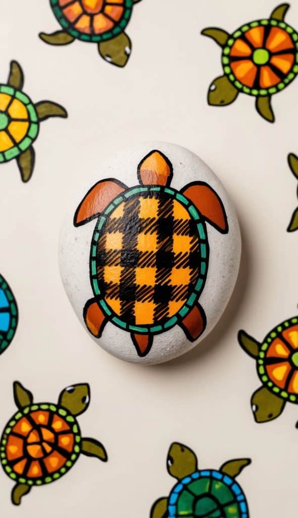 A painted rock featuring a turtle with a yellow and black plaid shell is surrounded by colorful turtle illustrations on paper.