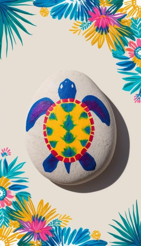 A stone painted with a colorful turtle design is surrounded by a floral border.