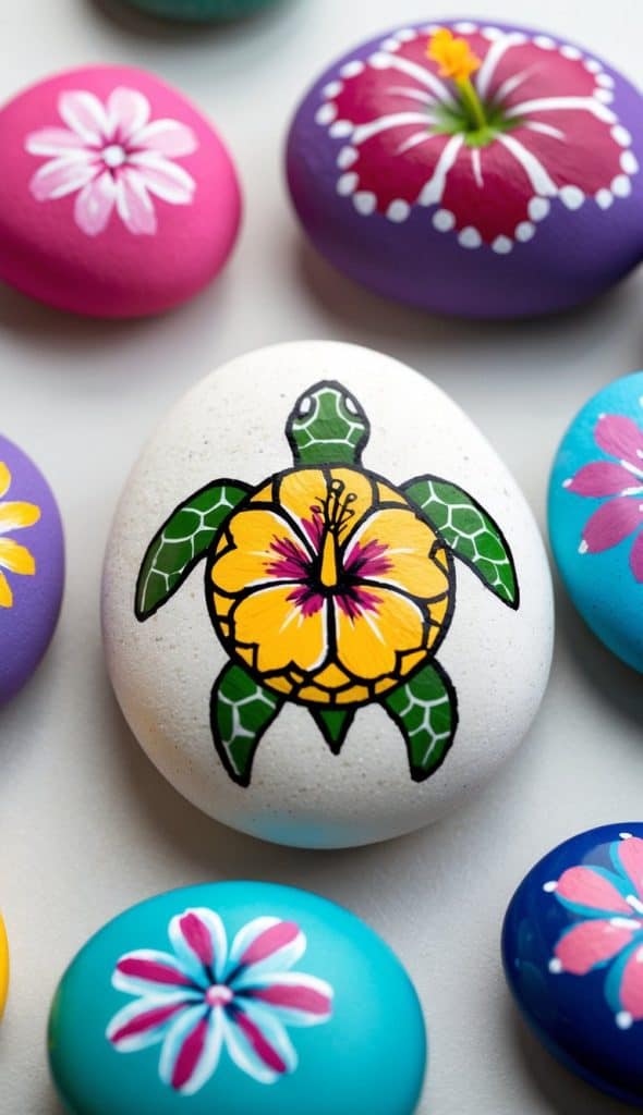Colorful painted stones with floral and turtle designs arranged on a light surface.