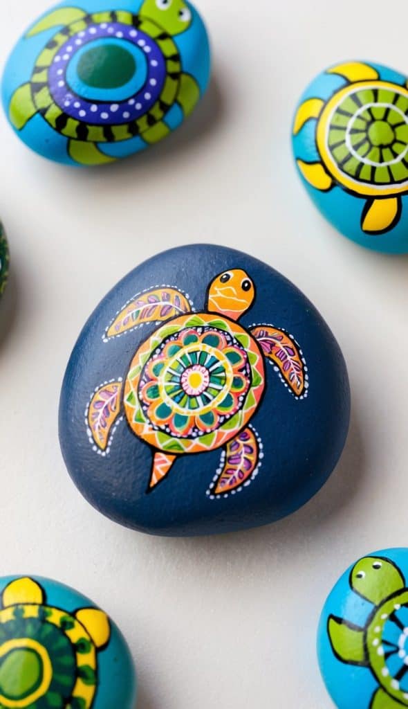 Painted stones featuring colorful, decorative turtles on a white background.
