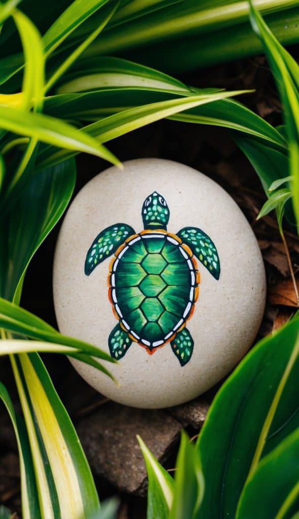 A rock with an illustration of a green sea turtle lies surrounded by green foliage.