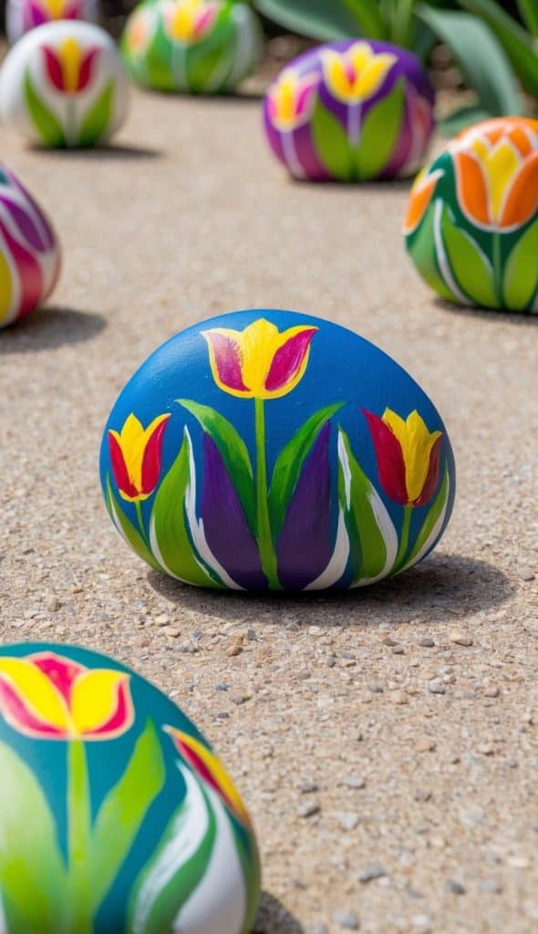 Several colorful painted rocks featuring tulip designs are placed on a gravel path.