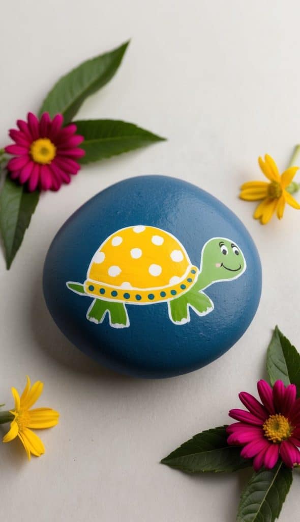 Blue rock painted with a yellow polka-dotted turtle, surrounded by pink and yellow flowers with green leaves on a light background.