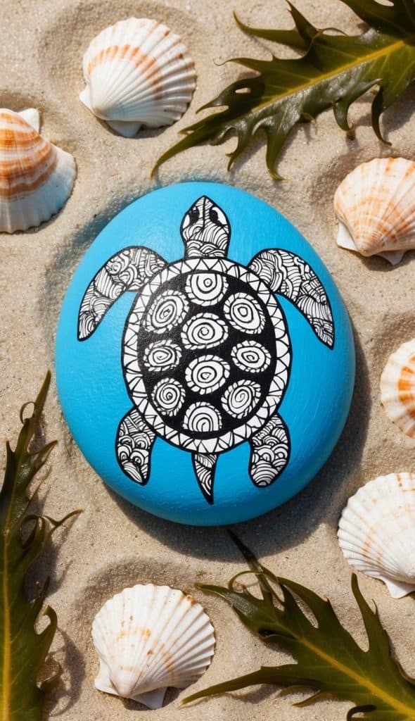 A blue painted stone with a patterned turtle design is surrounded by seashells and seaweed on sandy ground.