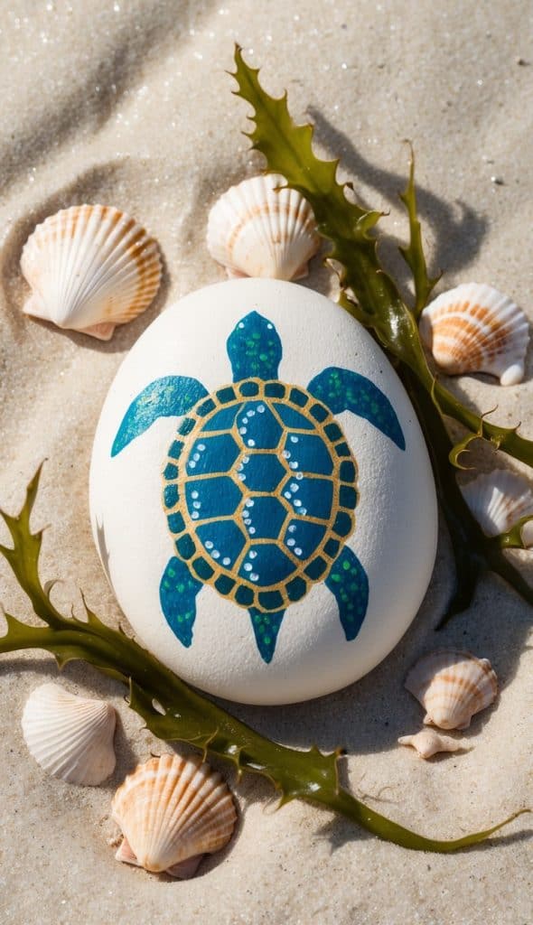 A stone painted with a blue and gold turtle design is placed on sand, surrounded by seashells and green seaweed.