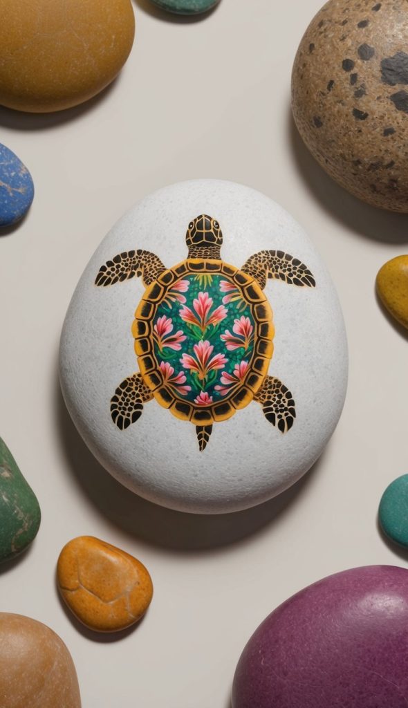 A stone painted with a turtle design featuring intricate pink flowers and green background, surrounded by other colorful stones.