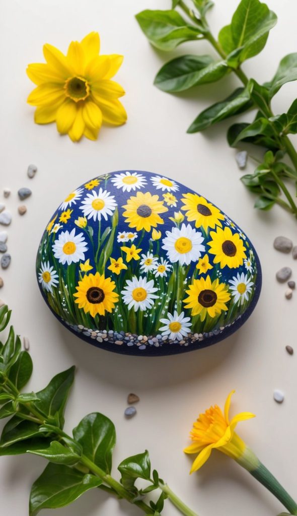 A painted stone featuring yellow and white flowers lies on a light surface, surrounded by green leaves, small pebbles, and yellow flowers.