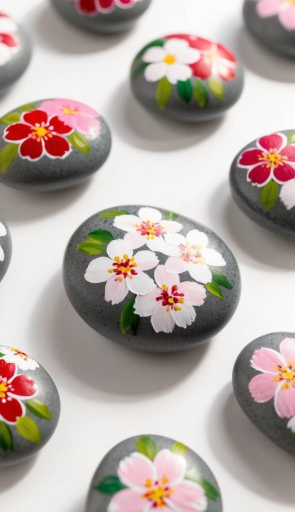 Smooth gray stones decorated with hand-painted colorful flowers, including red, pink, and white petals, arranged on a white surface.
