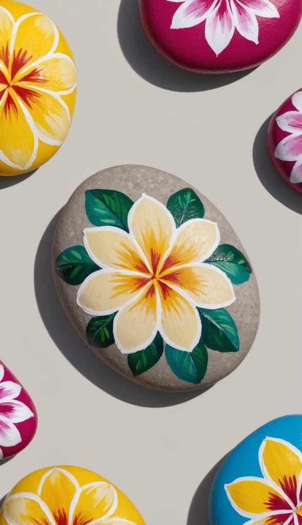 Smooth stones painted with colorful, detailed flower designs, including yellow, white, red, and blue accents, arranged on a plain light background.
