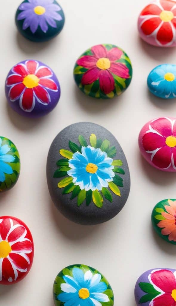 Colorful stones with painted flowers, including daisies and other vibrant blooms, are scattered on a light surface.