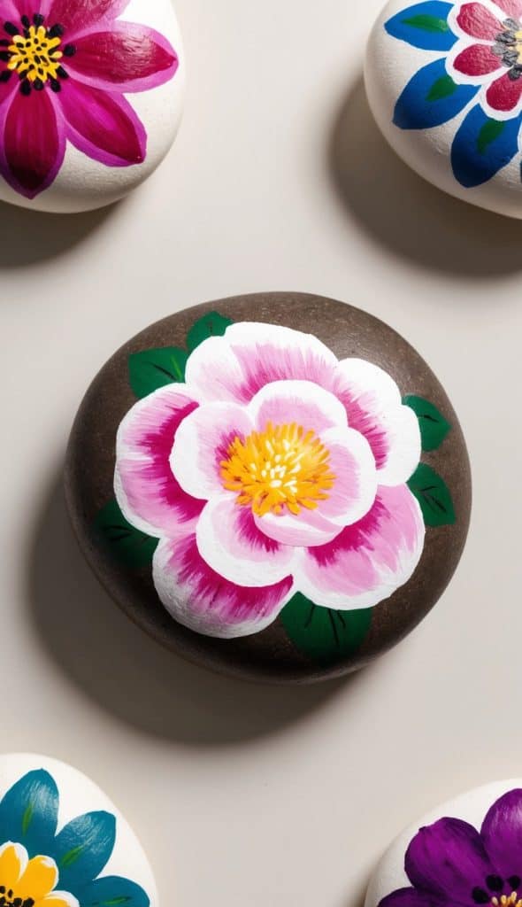 A brown stone with a pink and white flower painted on it is surrounded by other stones, each painted with colorful floral designs.