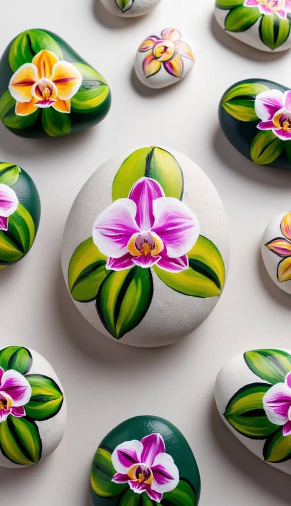 Smooth stones hand-painted with colorful orchids and green leaves, arranged on a light surface.