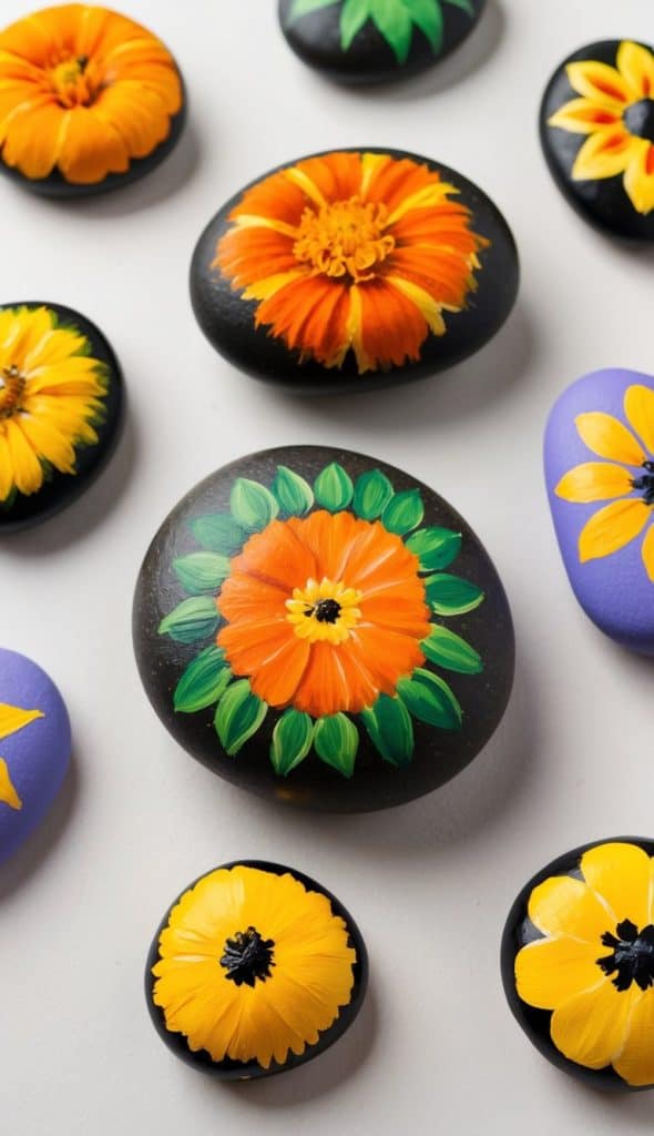 Smooth stones painted with vibrant orange, yellow, and green floral designs scattered on a white surface.