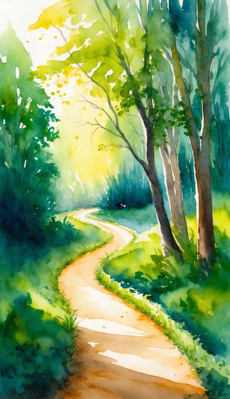 A winding forest path bathed in sunlight, dappled with shadows and surrounded by lush greenery
