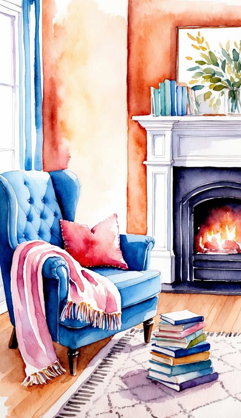 A cozy reading nook with a plush armchair, soft throw blanket, and a stack of books next to a warm fireplace