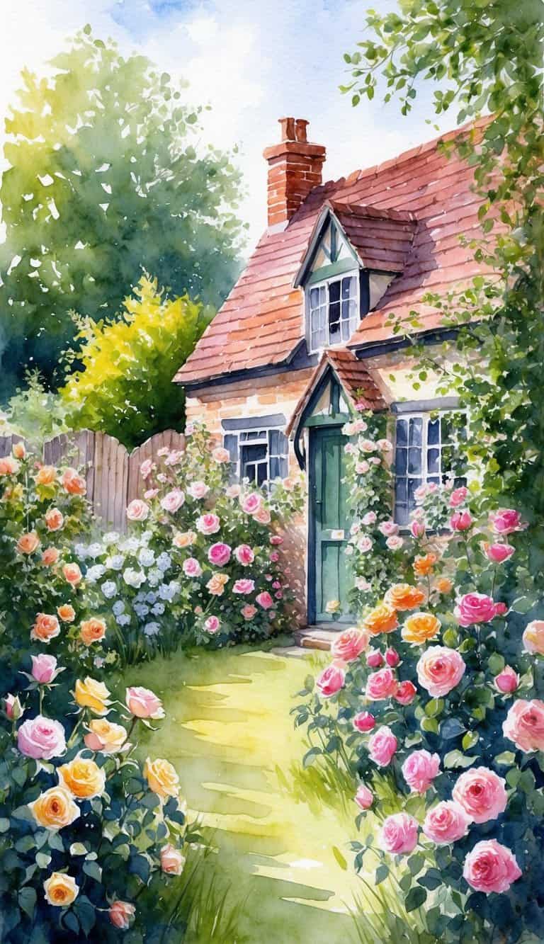 A quaint cottage garden filled with blooming roses in various colors, surrounded by lush greenery and dappled sunlight