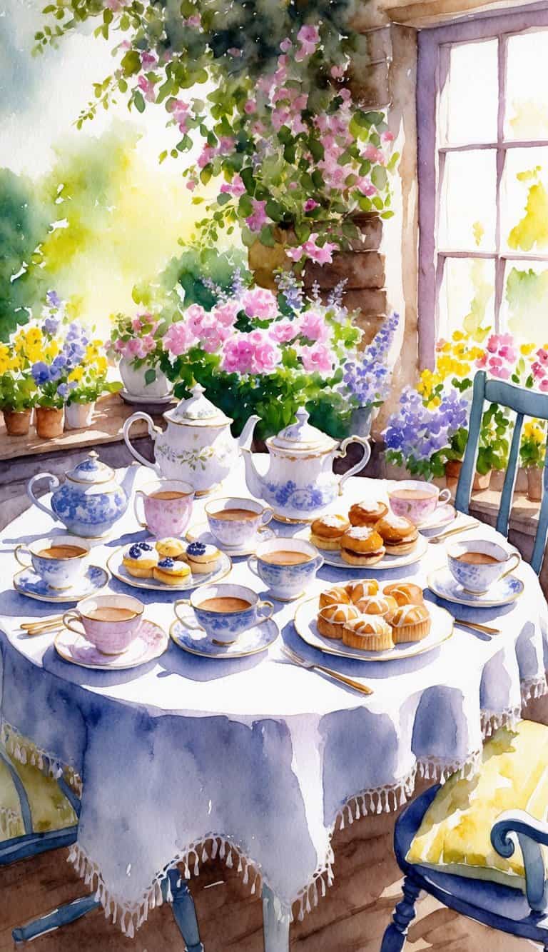 A cozy cottage table set with an array of tea cups, saucers, and pastries, surrounded by blooming flowers and dappled sunlight