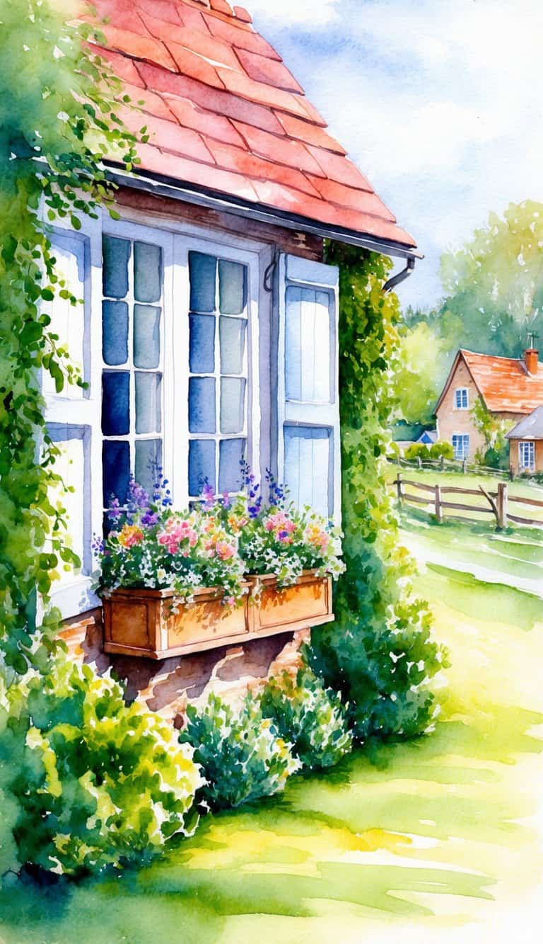 A charming farmhouse window with flower boxes, surrounded by lush greenery and a quaint countryside backdrop