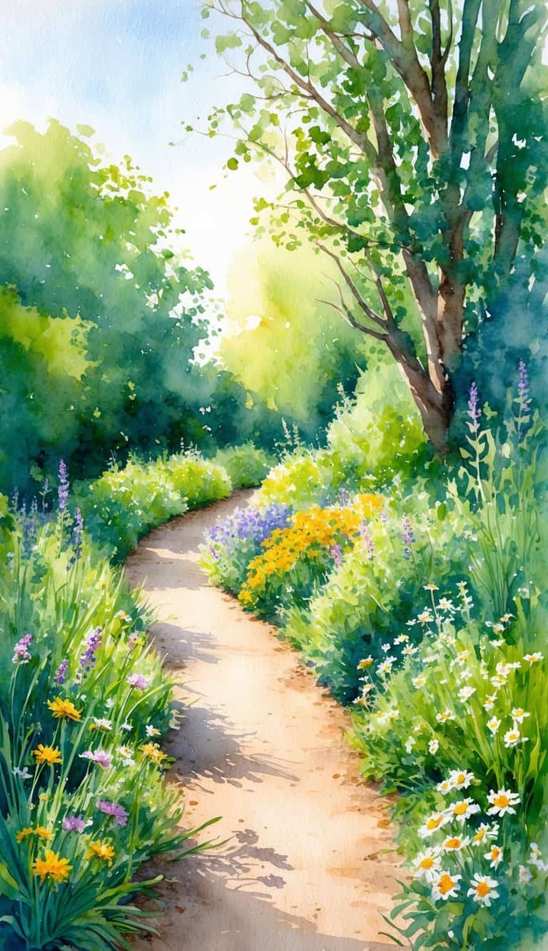 A winding garden footpath lined with wildflowers and overgrown greenery. Sunlight filters through the trees, casting dappled shadows on the ground