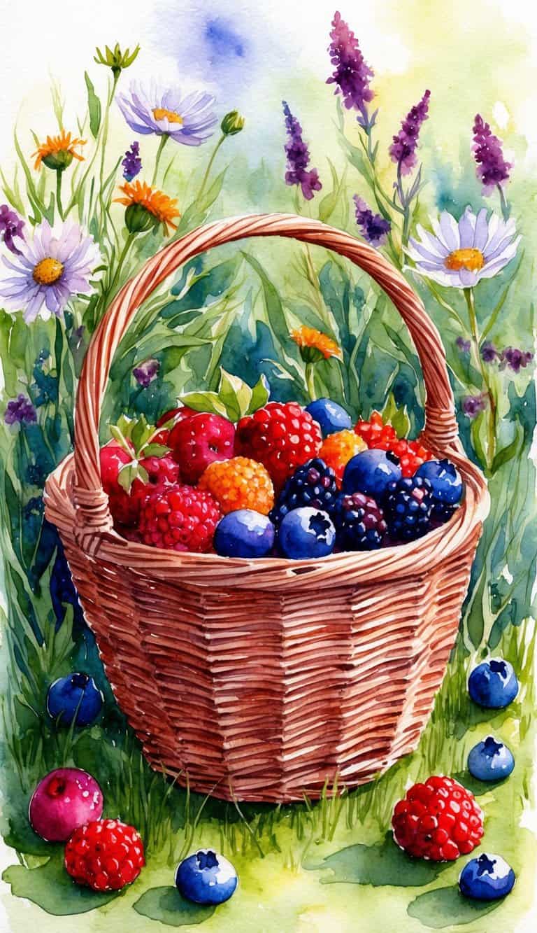 A wicker basket filled with assorted berries, surrounded by wildflowers and greenery