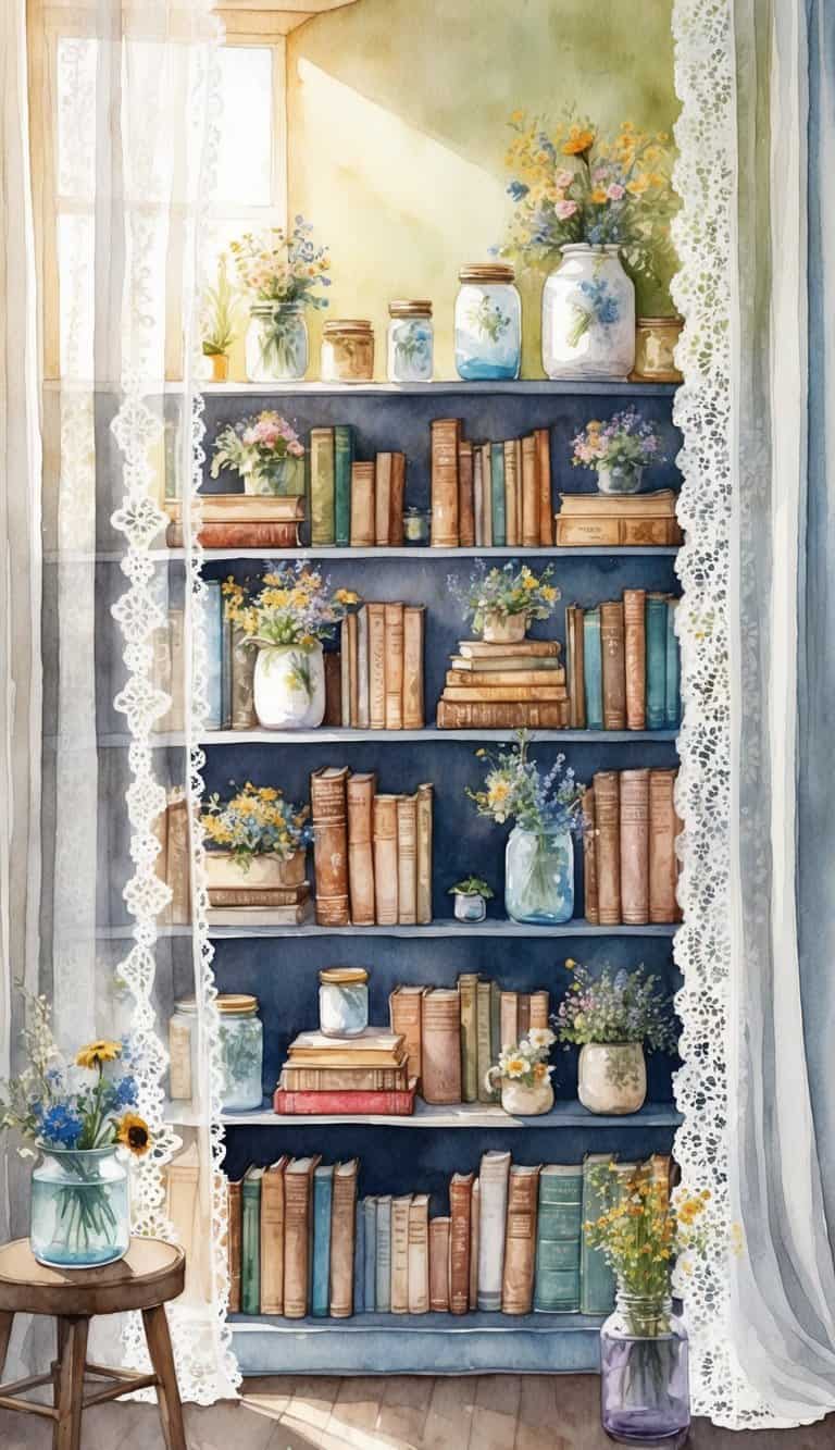 A cozy bookshelf filled with vintage books, floral decorations, and jars of wildflowers. Sunlight streams through lace curtains onto the collection of 50 cottagecore iPhone wallpapers
