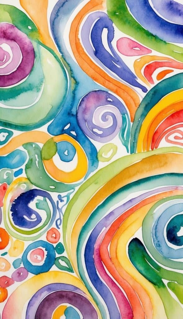 Abstract watercolor painting featuring colorful swirling patterns and curved lines in shades of blue, green, yellow, orange, and purple.