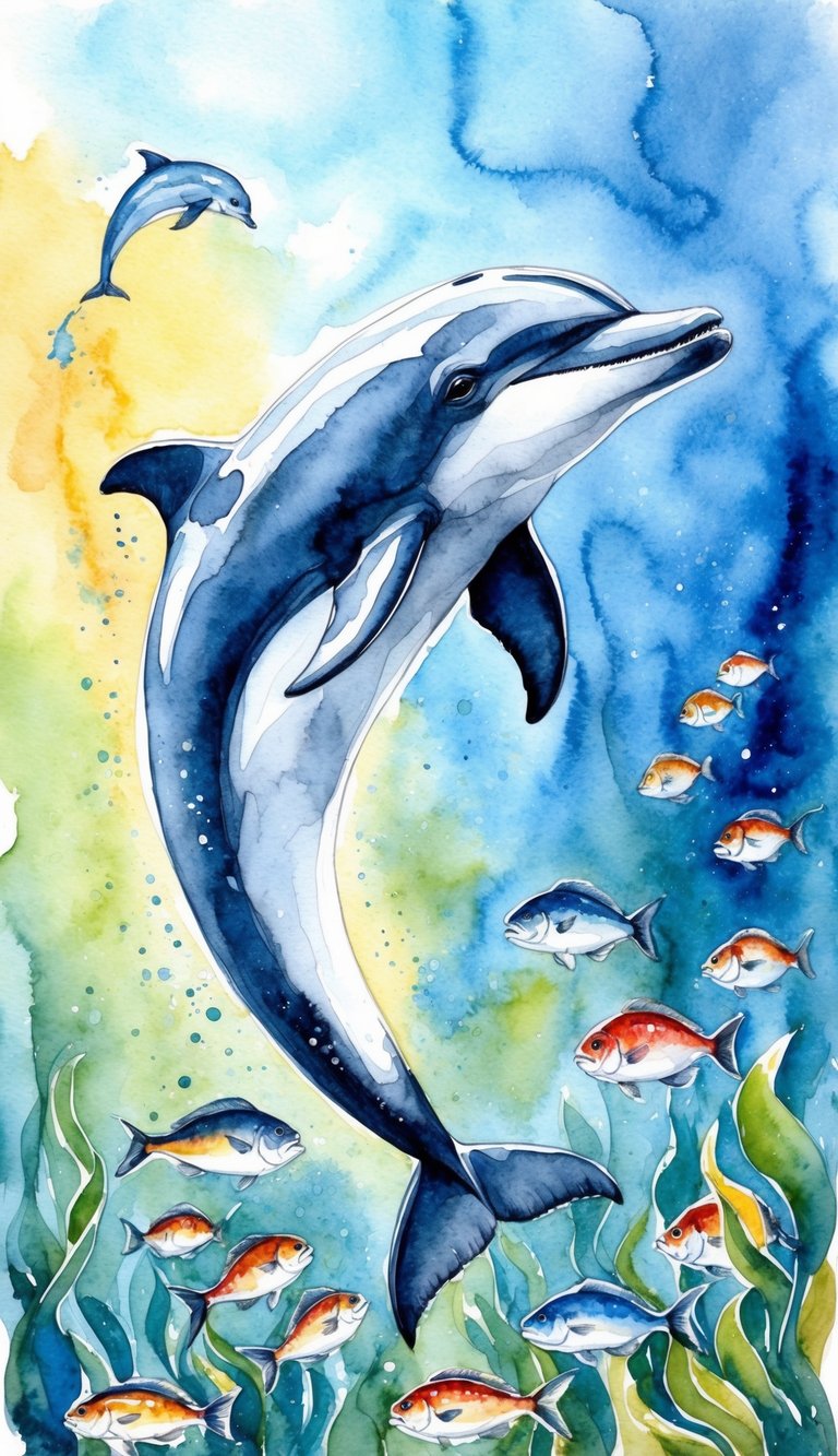 A dolphin gracefully leaps through crystal blue waters, surrounded by a school of colorful fish