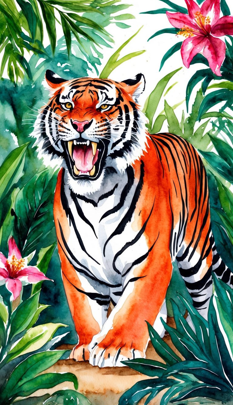 A fierce tiger roaring in a jungle, surrounded by lush green foliage and vibrant flowers