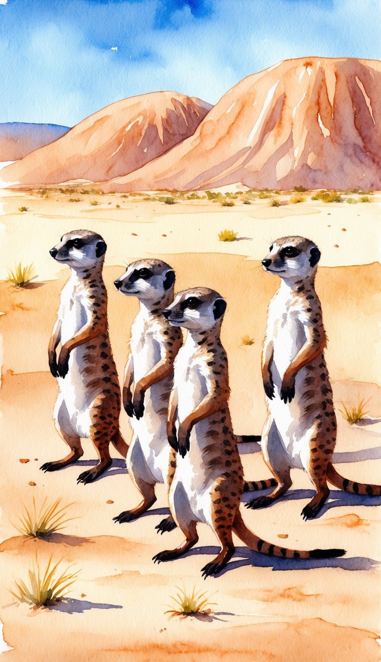 A group of meerkats standing alert in the desert, with a clear blue sky in the background