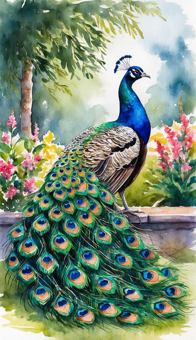 A majestic royal peacock displaying its vibrant feathers in a lush garden setting