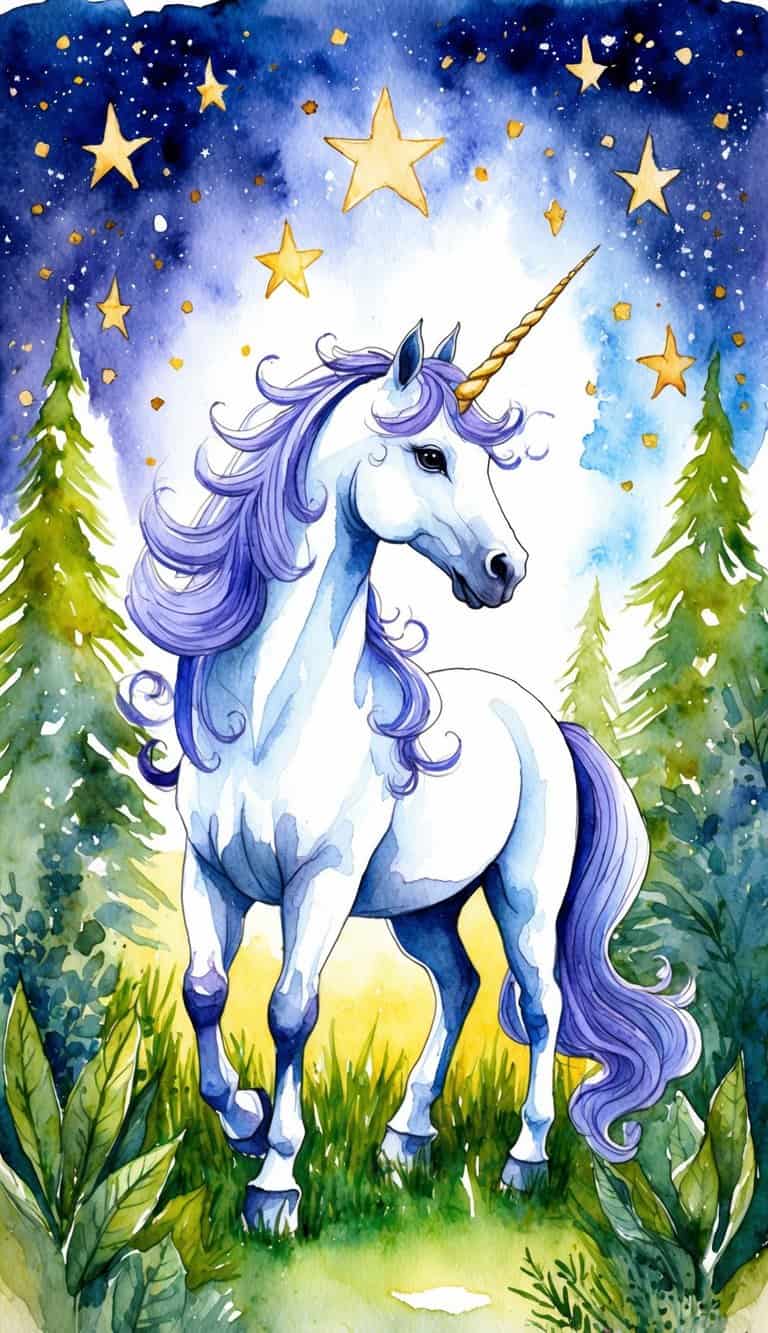 A majestic unicorn surrounded by a lush, enchanted forest with twinkling stars in the sky