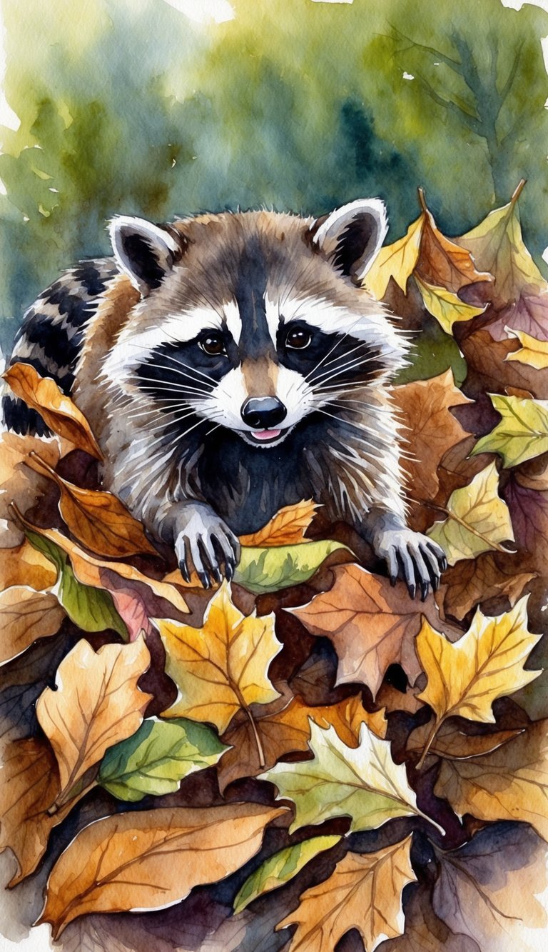 A mischievous raccoon playfully rummages through a pile of fallen leaves, peeking out with a sly expression