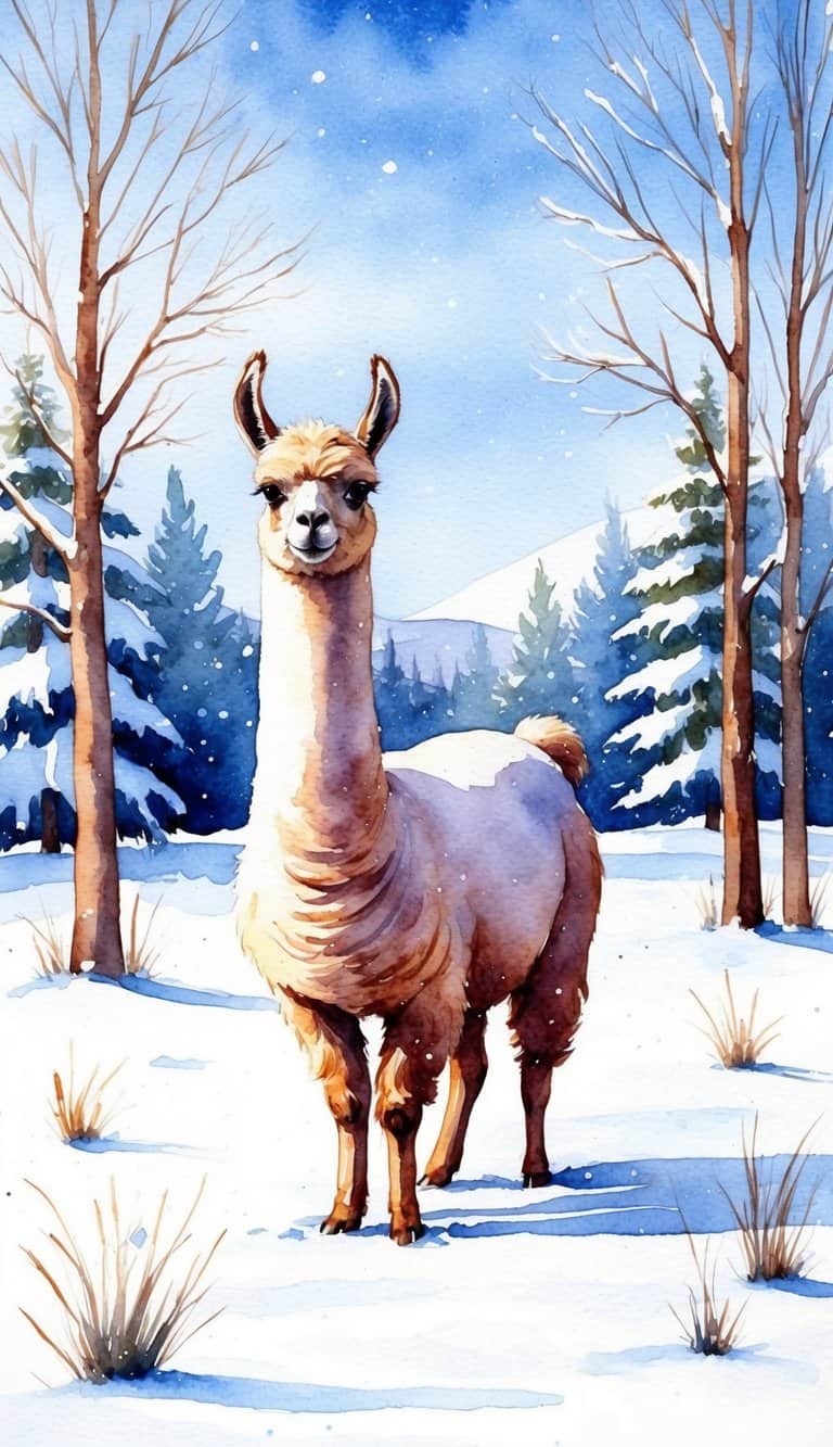 Hand-painted llama in snowy forest scene, ideal for whimsical Animal iPhone Wallpapers.