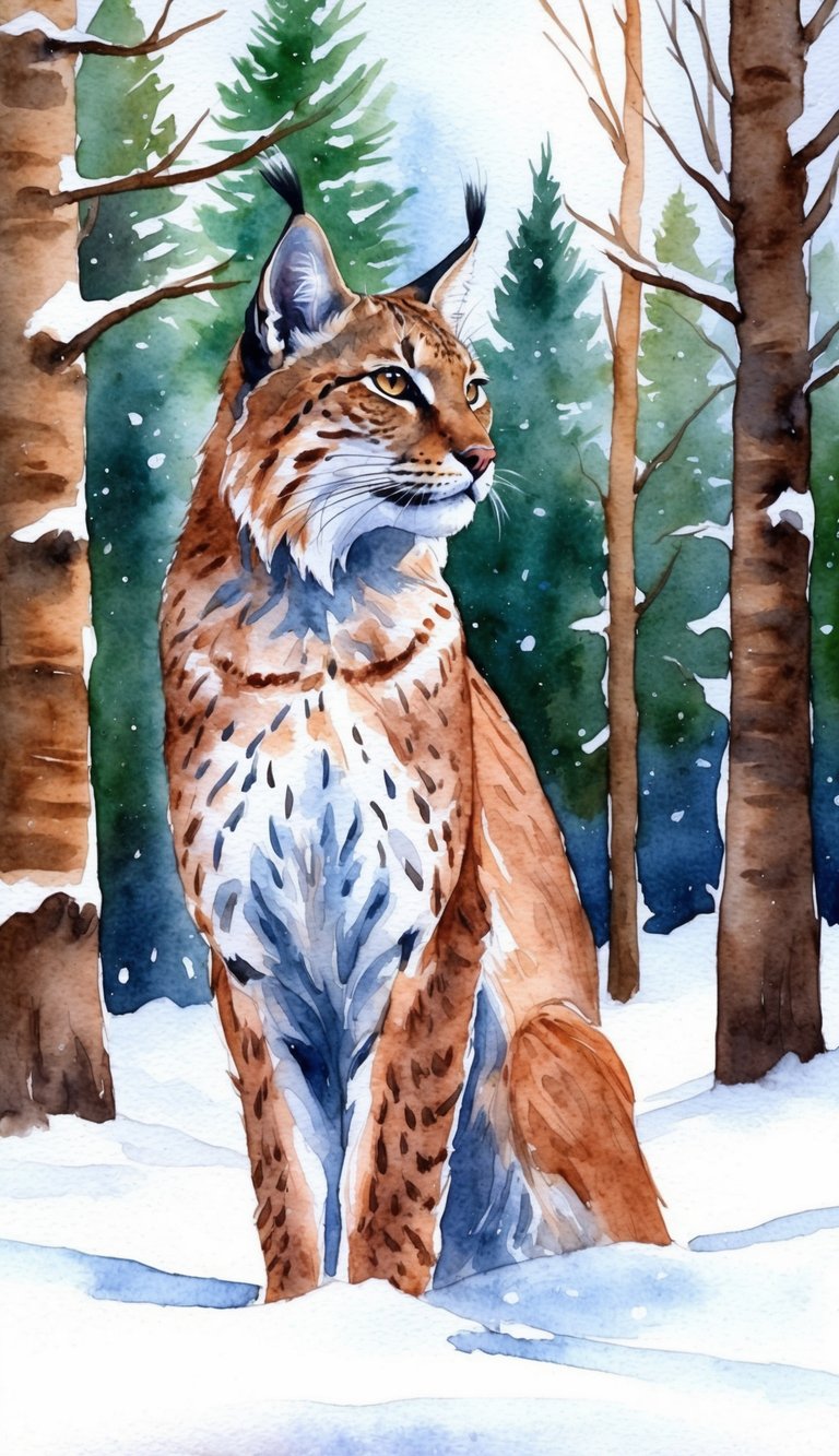 A lynx standing proudly in a snowy forest, gazing into the distance