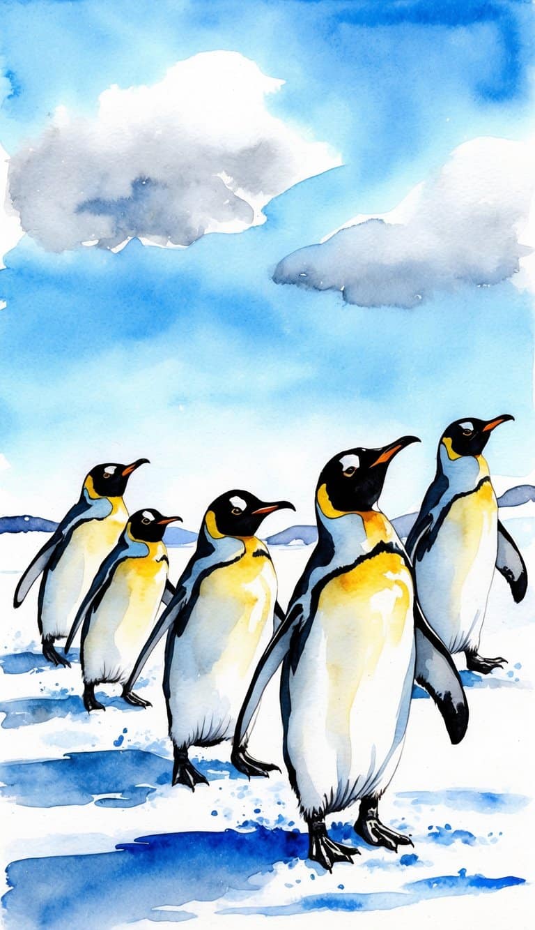 A group of penguins waddling and playing on a snowy landscape, with a bright blue sky and a few fluffy clouds in the background