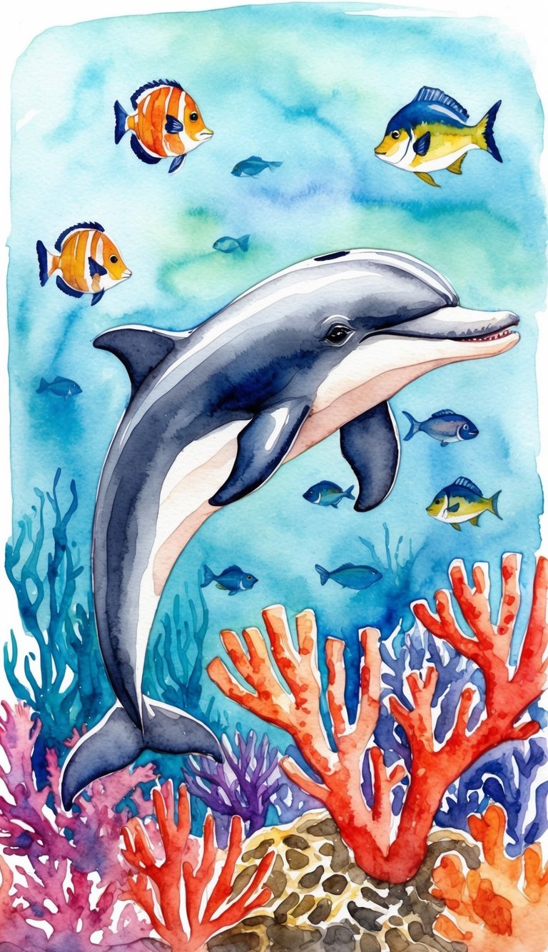 A playful dolphin swimming among colorful coral and fish in clear ocean waters