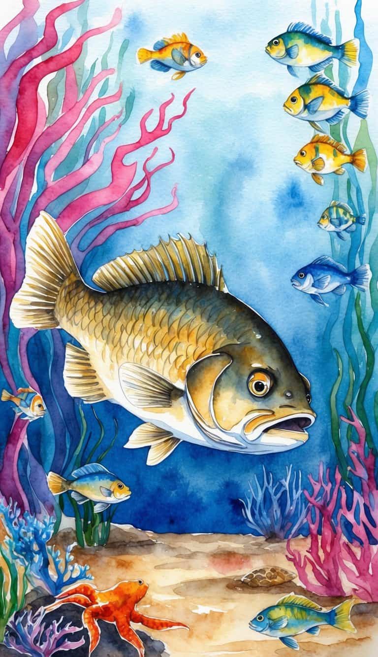 A cool catfish swimming among a school of vibrant underwater creatures