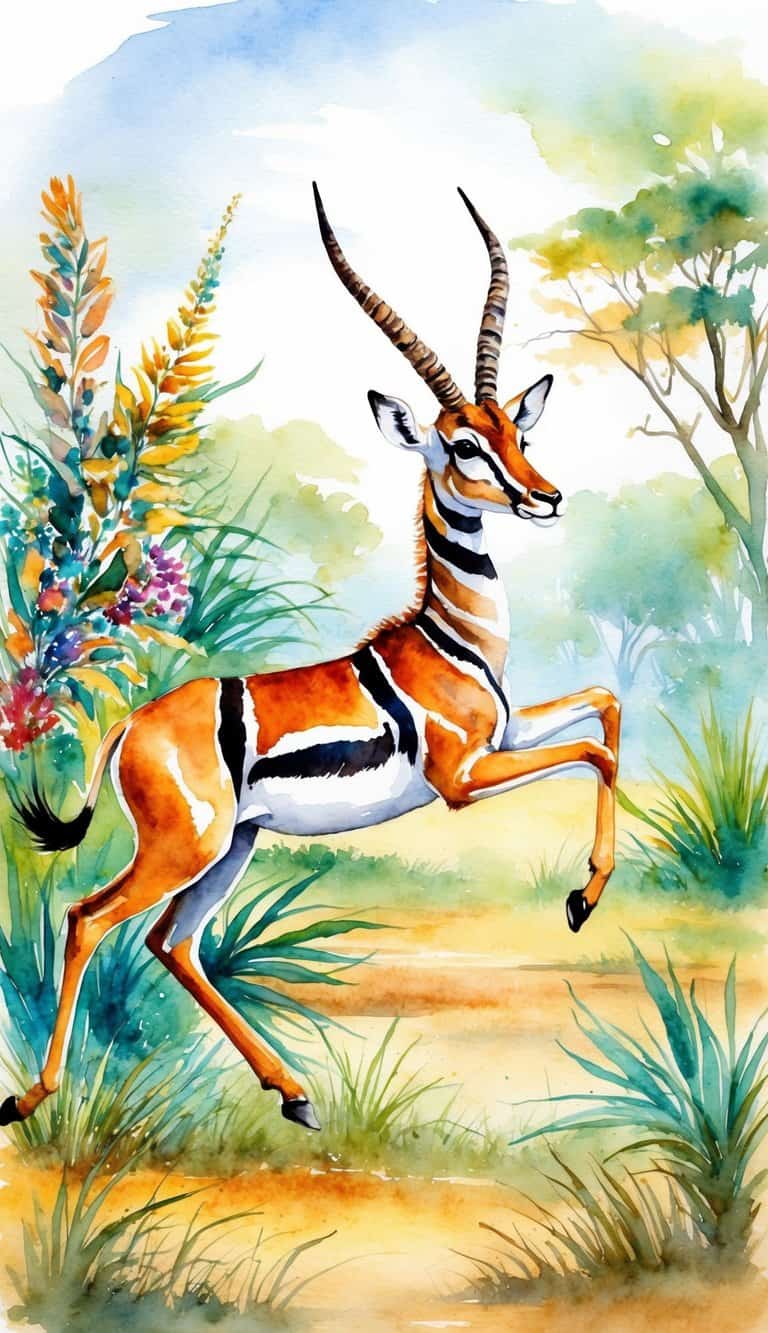 A graceful gazelle leaps through a serene savanna, surrounded by vibrant flora and fauna